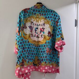 Versace Polka Dot & Baroque Print Kimono Jacket in Pink & Turquoise